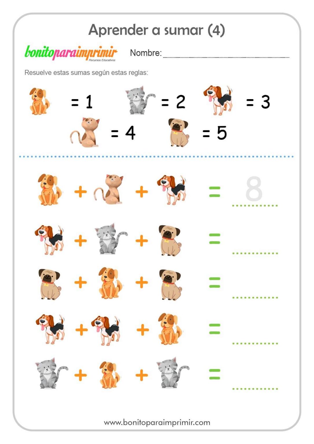 Sumas. Ficha de dibujos con valores de números - BONITO PARA IMPRIMIR